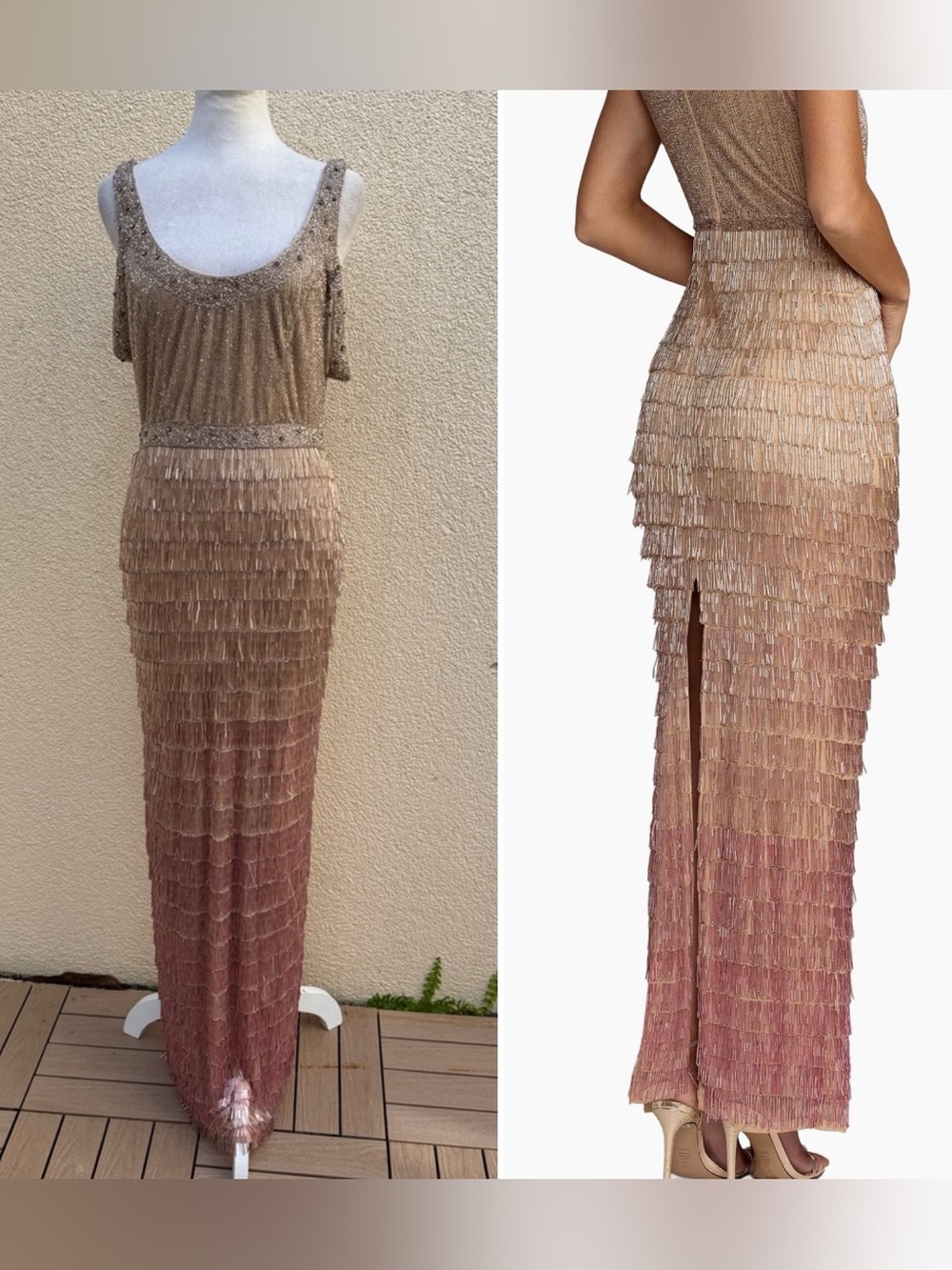 Mac Duggal Collection Sleeveless Beaded pink ombré Fringe beaded Gown - Picture 4 of 15